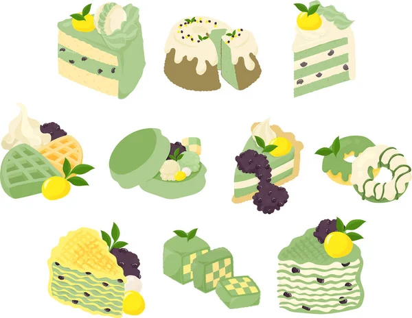 Various Cute Matcha Sweets Icons Shortcake Chiffon Cake Waffle Pancake — Stock Vector