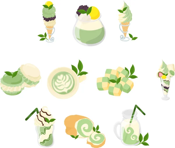 Various Cute Matcha Sweets Icons Ice Cream Pudding Soft Serve — Stock Vector