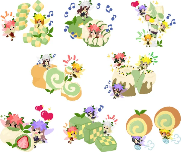 Illustration Cute Flower Fairies Matcha Sweets Cookie Donut Parfait Bread — Stock Vector