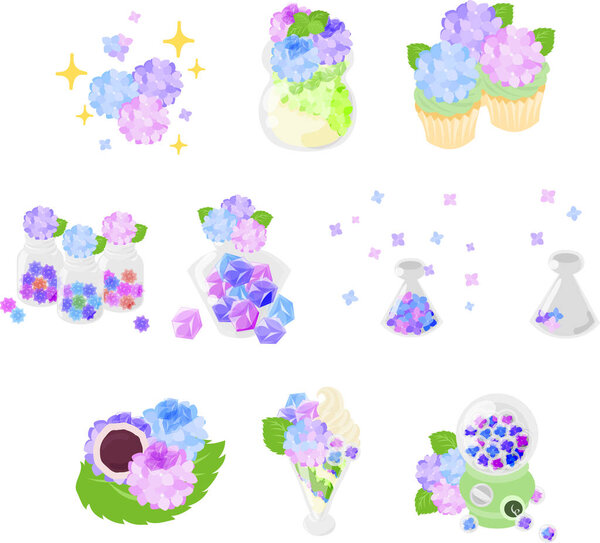 The various cute hydrangea icons such as pudding and cupcake and konpeito and candy and parfait and Japanese sweets