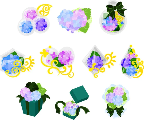 Die Verschiedenen Niedlichen Hortensiensymbole Wie Juwel Und Herbarium Und Kristall — Stockvektor