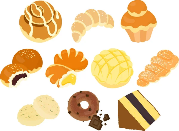 Delicious Cute Bread Icons Cinnamon Roll Salt Bread Brioche Bean — Stockový vektor