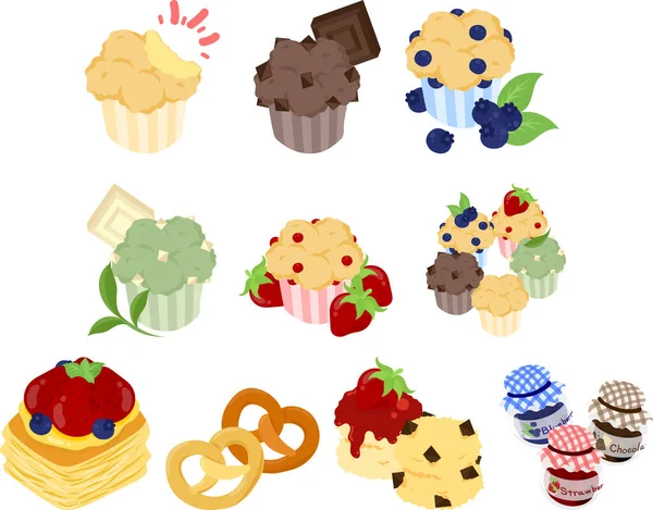 Delicious Cute Bread Icons Muffin Danish Pastry Pretzel Scone — Image vectorielle