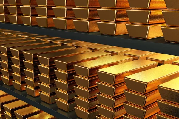 Aranyrudak Vannak Polcokon Sok Aranyrudak Halmozott Szép Halom Polcokon Egy — Stock Fotó