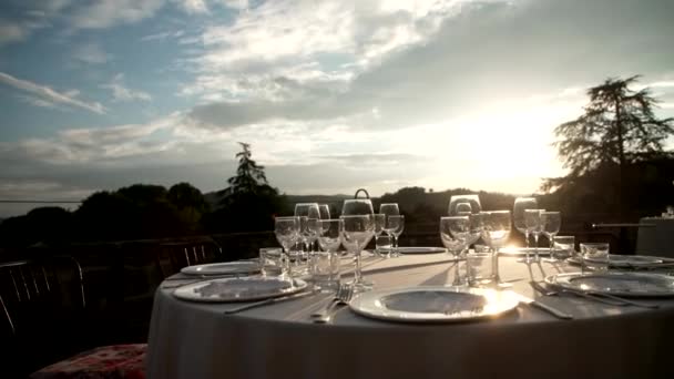 Glasses Table Romantic Dinner Sunset — Vídeo de Stock