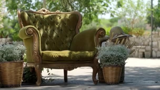 Vintage Velvet Armchair Green Garden — Stock Video