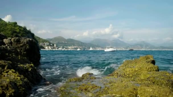 Calm Sea Bay Boats Anchor — Vídeo de Stock