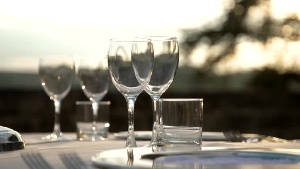 Glasses Table Romantic Dinner Sunset — Wideo stockowe