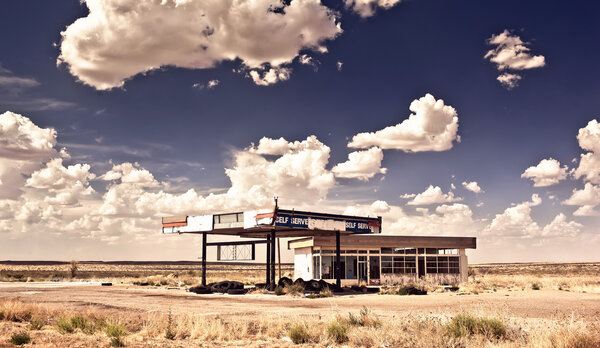 Old gas station in ghost town along the route 66