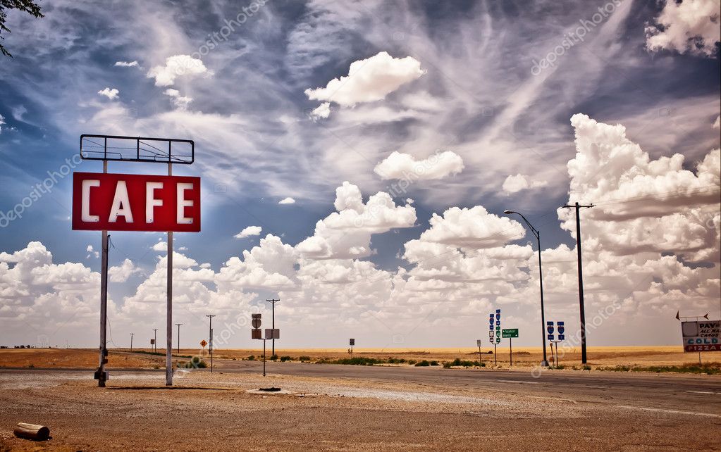 Cafe sign along historic Route 66 in Texas. Vintage Processing.