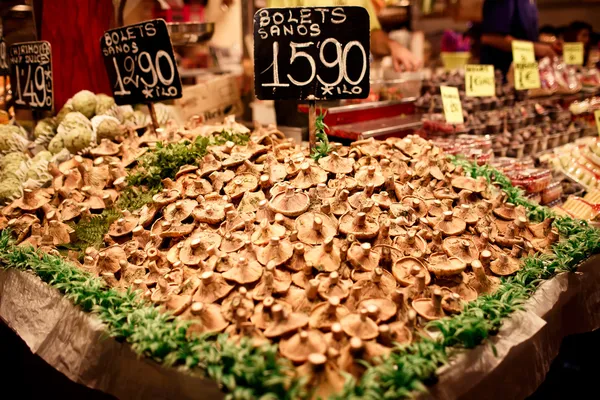Famoso mercado La Boqueria com cogumelos — Fotografia de Stock