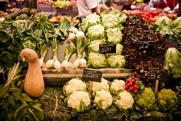 La Boqueria market with vegetables and fruits
