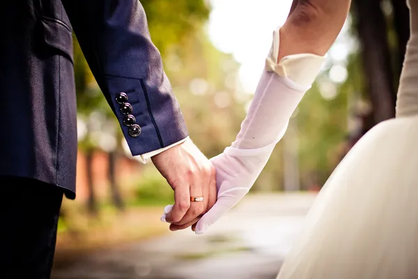 Sposa e sposo che si tengono per mano Foto Stock