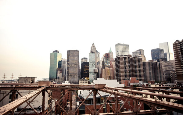 Panoramic image of lower Manhattan skyline taken from Brooklyn Bridge