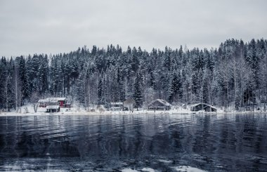 Small village in winter forest clipart