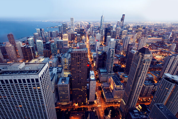 City of Chicago. Aerial view of Chicago downtown at twilight from high above.