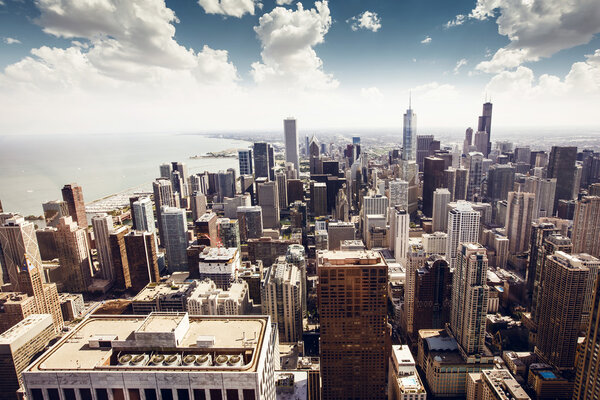 Chicago, Illinois in the United States. City skyline with skyscrapers.