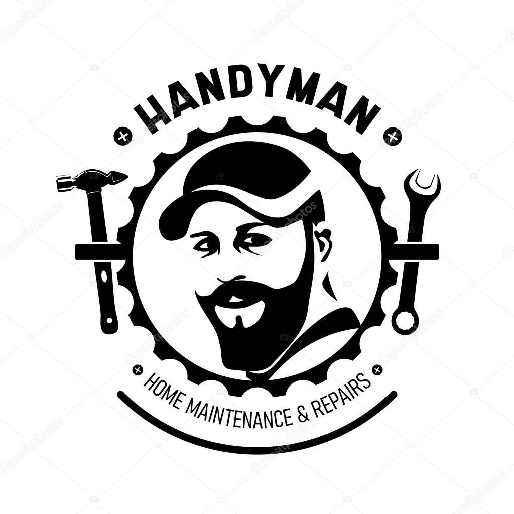 Handyman icon, emblem and design elements. Carpentry, plumbing and repairs related vector vintage illustration. Silhouettes of tools.