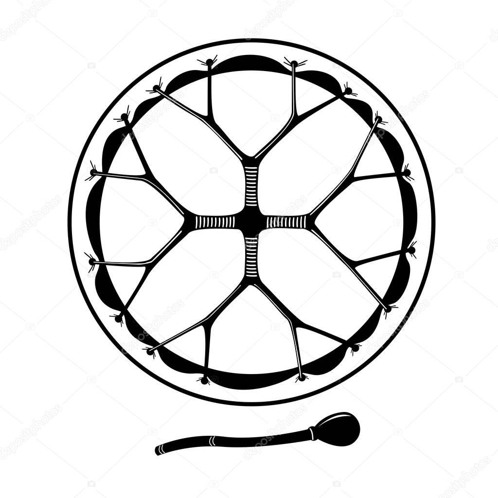 Shaman tambourine, sacred percussion instrument, pagan attribute. Shaman ritual drum, isolated vector illustration.