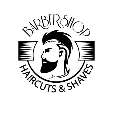 Berber dükkanı vektör klasik illüstrasyon seti. Sakallı adamlar berber dükkanı monokrom silueti. Amblemler, logolar, etiketler için tasarım ögeleri koleksiyonu.