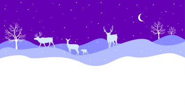 Mutlu yıllar ve mutlu Noeller kartpostalları, geyikler, kardaki tepeler. Tatiller, şenlikli yeni yıl kış arkaplanı. Geyiklerle kışın Noel manzarası.