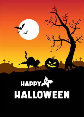 Cadılar Bayramı posteri, balkabakları, hayaletler, kara kedi, kasvetli mezarlık manzarası. Vektör çizimi. Şenlikli kartpostal.