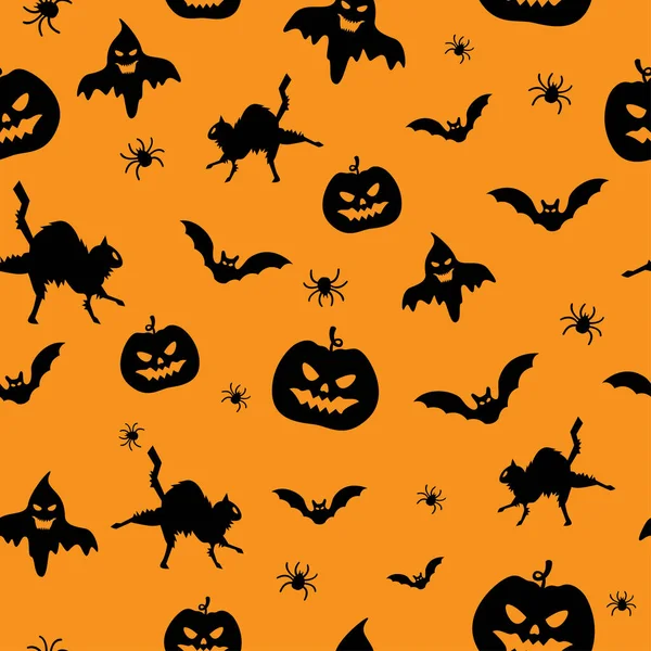 Halloween Repeating Pattern Pumpkins Ghosts Black Cat Bats Vector Illustration — Stock Vector