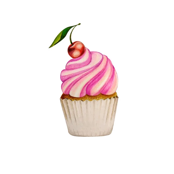 Cupcake hand-drawn with colored pencils with cherry. Isolated on white background. Food dessert vector illustration. — Stock Vector