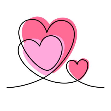 Beyaz arka planda izole edilmiş üç kalpten oluşan kesintisiz bir çizgi. Pankart, sevgililer günü kartı, düğün, şablon, poster için EPS10 vektör illüstrasyonu. Kalp ikonunun siyah ince çizgi görüntüsü.