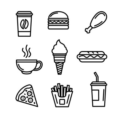 Basit bir fast food seti. İlgili vektör çizgisi simgeleri. Pizza, sosisli, patates kızartması, hamburger, kola, dondurma, tavuk budu, kahve, çay kupası gibi ikonlar içerir.
