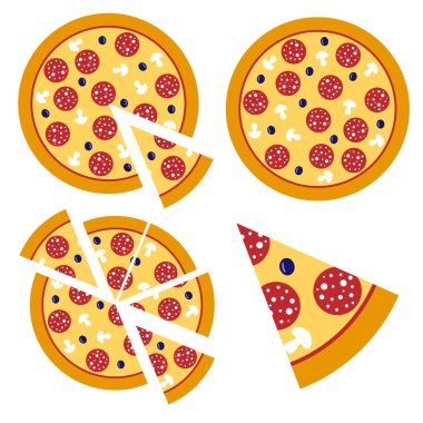Pizza dilimi vektörü, İtalyan yemeği pizzacısı izole edilmiş ikon. Mantarlı, salamlı ve zeytinli aperatif. Pizzacı menüsü için vektör çizimleri.