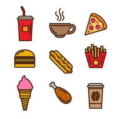 Basit bir fast food seti. İlgili vektör çizgisi simgeleri. Pizza, sosisli, patates kızartması, hamburger, kola, dondurma, tavuk budu, kahve, çay kupası gibi ikonlar içerir.