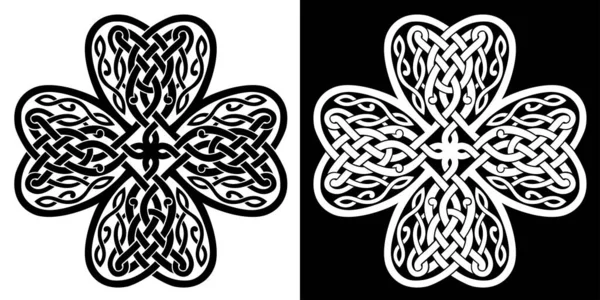 Czterolistny węzeł w kształcie koniczyny z celtyckich węzłów w kształcie serca, czarno-biała sylwetka, celtycki styl. Ilustracja izolowanego wektora — Wektor stockowy