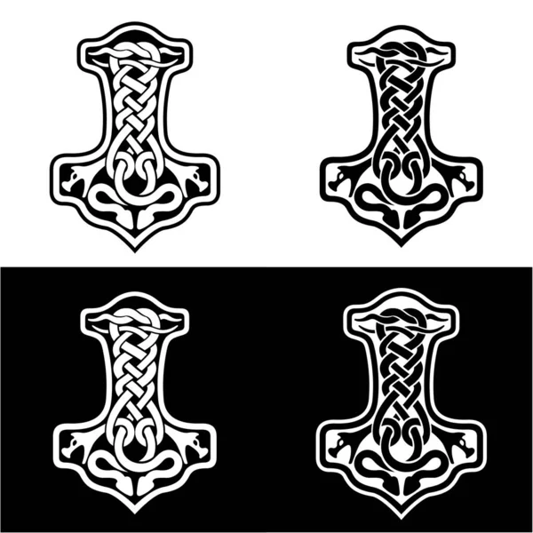 Martillo de Thor Mjolnir Nudo celta, ornamento estilo vikingo escandinavo. Ilustración vectorial aislada. Juego de dibujo a mano. — Archivo Imágenes Vectoriales