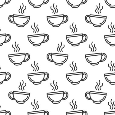 Elle çizilmiş ikonlu çay bardağı deseni. Modaya uygun siyah-beyaz kupa modeli. Kumaş, web geçmişleri, duvar kağıtları, ambalaj kağıtları ve kartlar için kusursuz monokrom çay kalıbı.