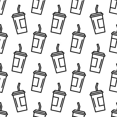 Elle çizilmiş ikonlu bardak içeceği deseni. Modaya uygun siyah ve beyaz bardak deseni. Kumaş, ağ altyapısı, duvar kâğıtları, ambalaj kağıdı ve kartlar için kusursuz tek renkli içki kalıbı..