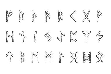 Vektör çizgili rünler ayarlandı. Futhark, Rune alfabesi, antik İskandinav Almanları ve İzlandalıları yazıyor. Esrarengiz, gizemli, büyülü. Geleceği tahmin etmek ve fal anlatmak için mistik semboller.