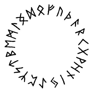 Eski İskandinav rünlerinin vektör seti Yaşlı Futhark. 24 rün daire içinde. Gizemli, gizemli, okült, sihirli semboller. Viking tarzı, tasarım şablonu