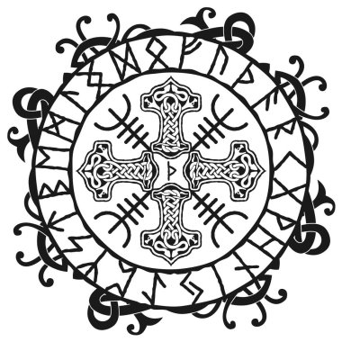 Mjolnir Thors çekiç, Kelt düğümü tasarımı çiziyor. İskandinav rünleri dairesi, izole vektör çizimi. Viking biçimi, yazdırma için dizayn şablonu.