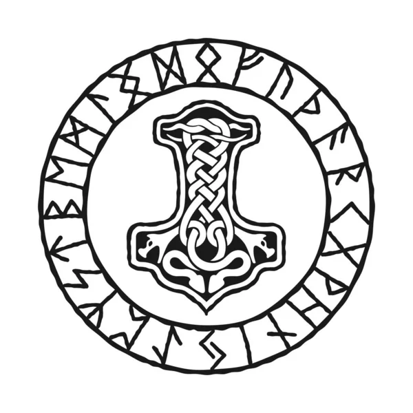Mjolnir - Çekiç, Kelt düğümü tasarımı çizimi, ve İskandinav rünleri dairesi, beyaza izole edilmiş, vektör çizimi. Viking tarzı, tasarım şablonu — Stok Vektör