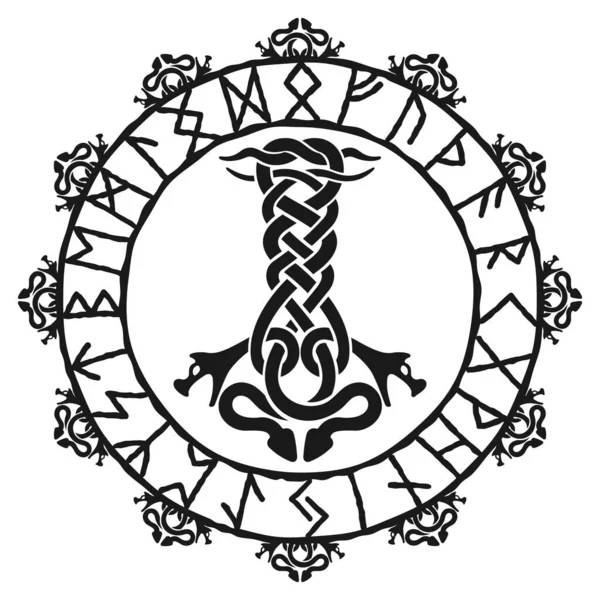 Thors martillo Mjolnir, dibujo en diseño de nudo celta. Runas nórdicas círculo, aislado en blanco, ilustración vectorial. Estilo vikingo, plantilla de diseño. — Archivo Imágenes Vectoriales