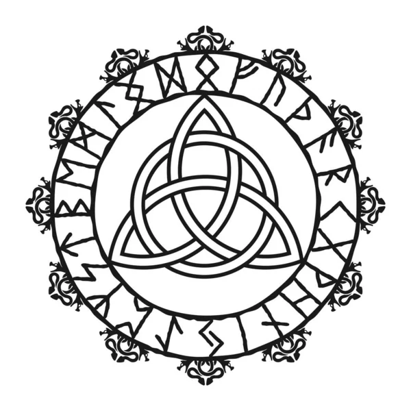 Signo de Triquetra, logotipo del nudo celta. Amuleto protector escandinavo. Símbolo pagano celta de triángulo, tatuajes nórdicos. Vikingos escandinavos amuleto rúnico con un futhark en un círculo. 24 Runas, vector — Archivo Imágenes Vectoriales