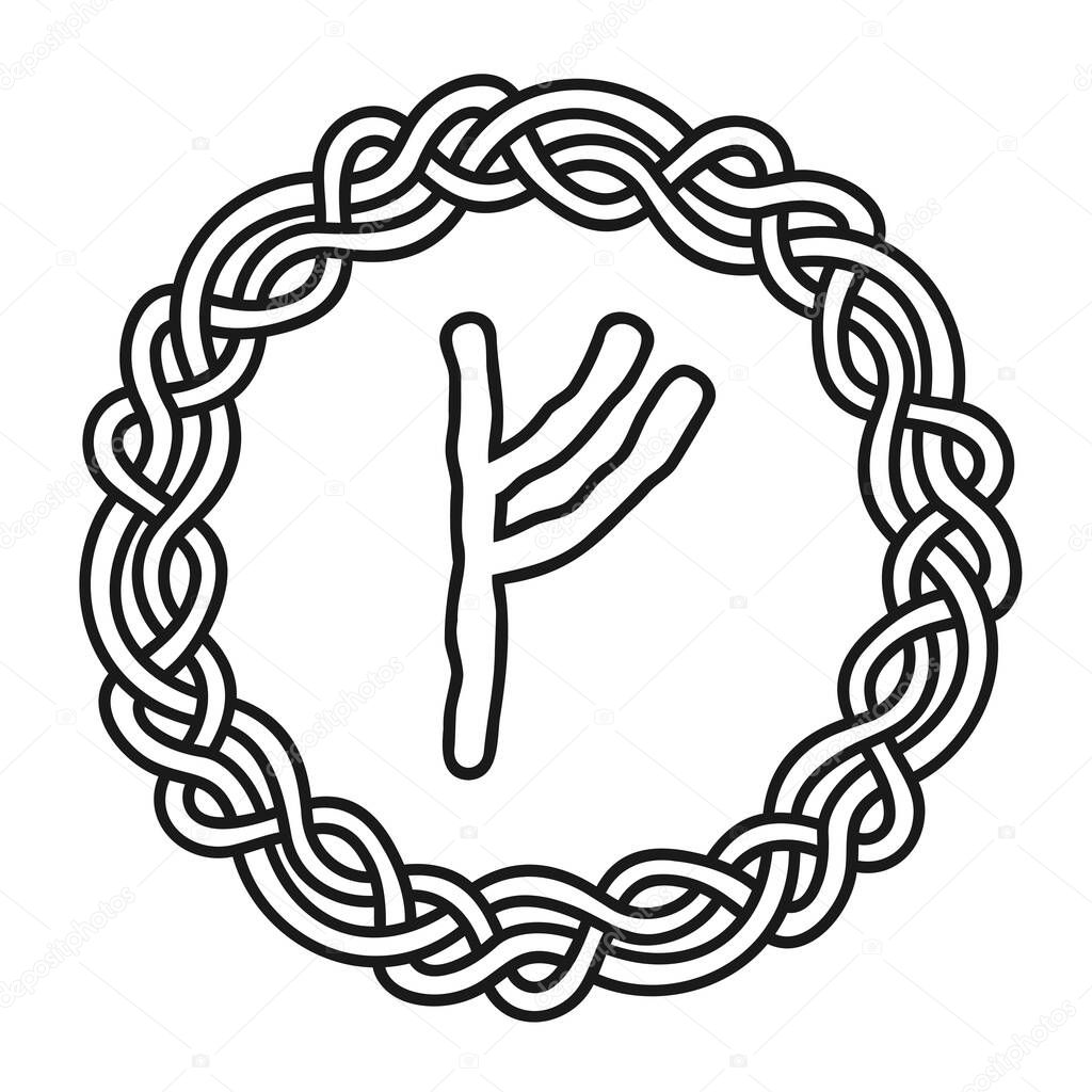 Fehu rune in a circle - an ancient Scandinavian symbol or sign, amulet. Viking writing. Hand drawn outline vector illustration for websites, games, print and engraving.