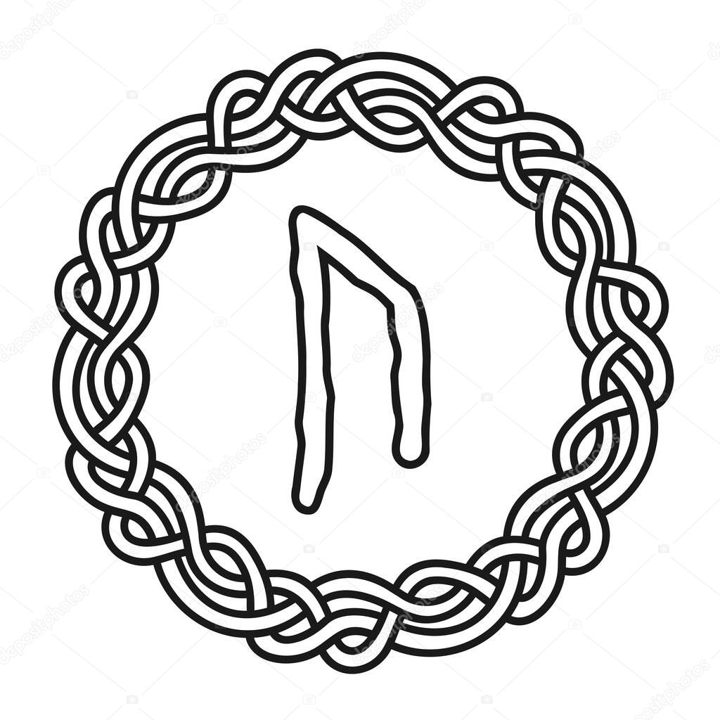 Rune Uruz in a circle - an ancient Scandinavian symbol or sign, amulet. Viking writing. Hand drawn outline vector illustration for websites, games, print and engraving.