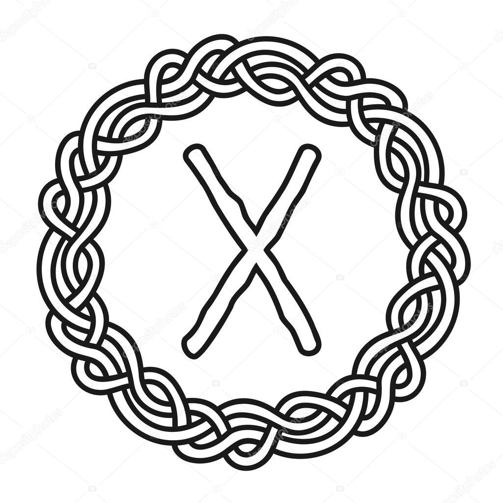 Rune Gebo in a circle - an ancient Scandinavian symbol or sign, amulet. Viking writing. Hand drawn outline vector illustration for websites, games, print and engraving.