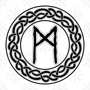 Rune Mannaz bir çember içinde - antik bir İskandinav sembolü veya işareti, tılsım. Viking yazısı. Web siteleri, oyunlar, yazdırma ve gravür için el çizimi vektör çizimi çizimi.