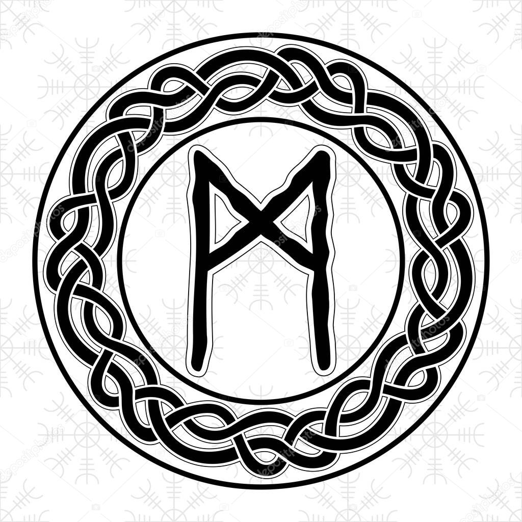 Rune Mannaz in a circle - an ancient Scandinavian symbol or sign, amulet. Viking writing. Hand drawn outline vector illustration for websites, games, print and engraving.
