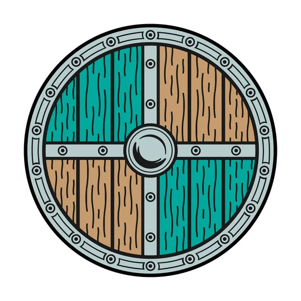Mühür Sembollü Demir Kenarlı Ahşap Renkli Viking Kalkanı Vintage Vektör — Stok Vektör