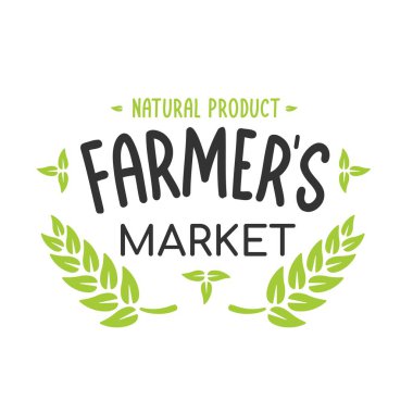 Çiftçilerin pazar amblemi eski tarz, doğal organik ürünler çiftlikten. Yiyecek deposunun logosu. Organik gıda sloganı. Vektör vintage çizimi.