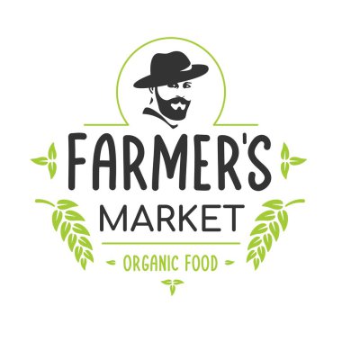 Çiftçilerin pazar amblemi eski tarz, doğal organik ürünler çiftlikten. Yiyecek deposunun logosu. Çiftçilerin baş silueti. Organik gıda sloganı. Vektör vintage çizimi.
